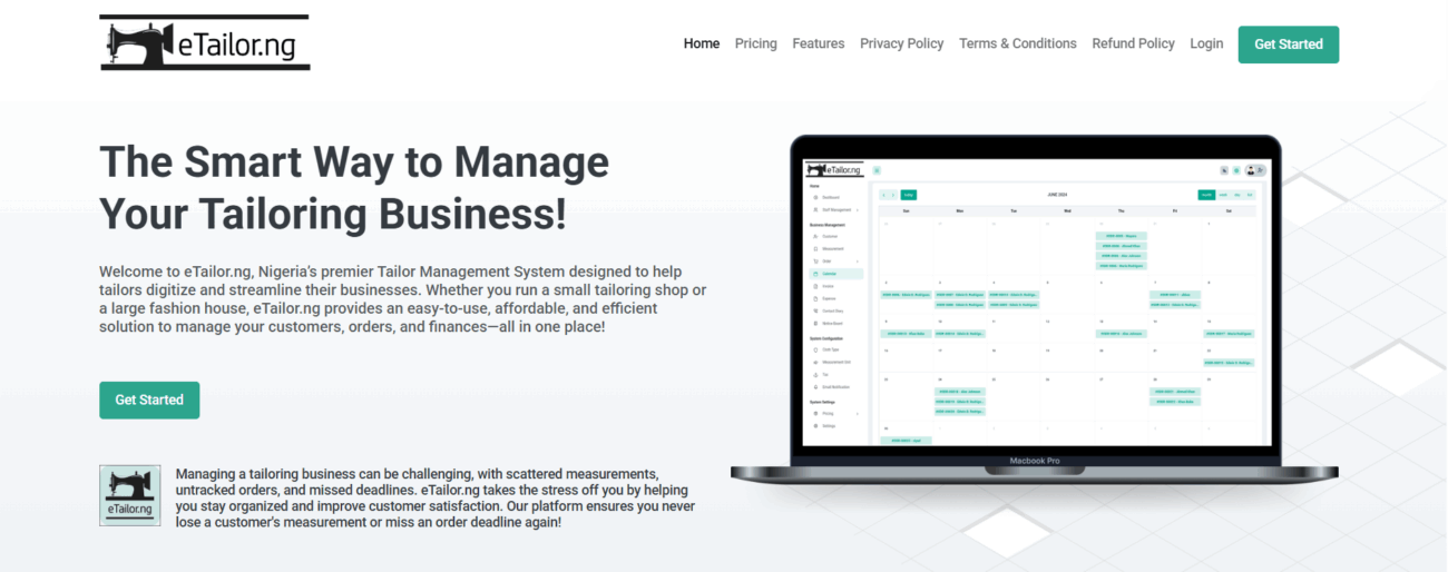 Screenshot from e-Tailor.ng, one of the Business Management Tools for Nigerian Tailors  
