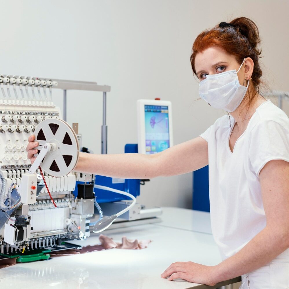 A woman with a digital embroidery machine.