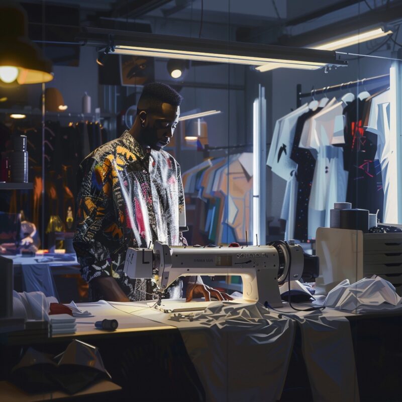 A man staring at Industrial sewing machine in a fabric shop