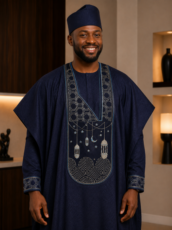 A man wearing an agbada with a digital enbroidery chest panel